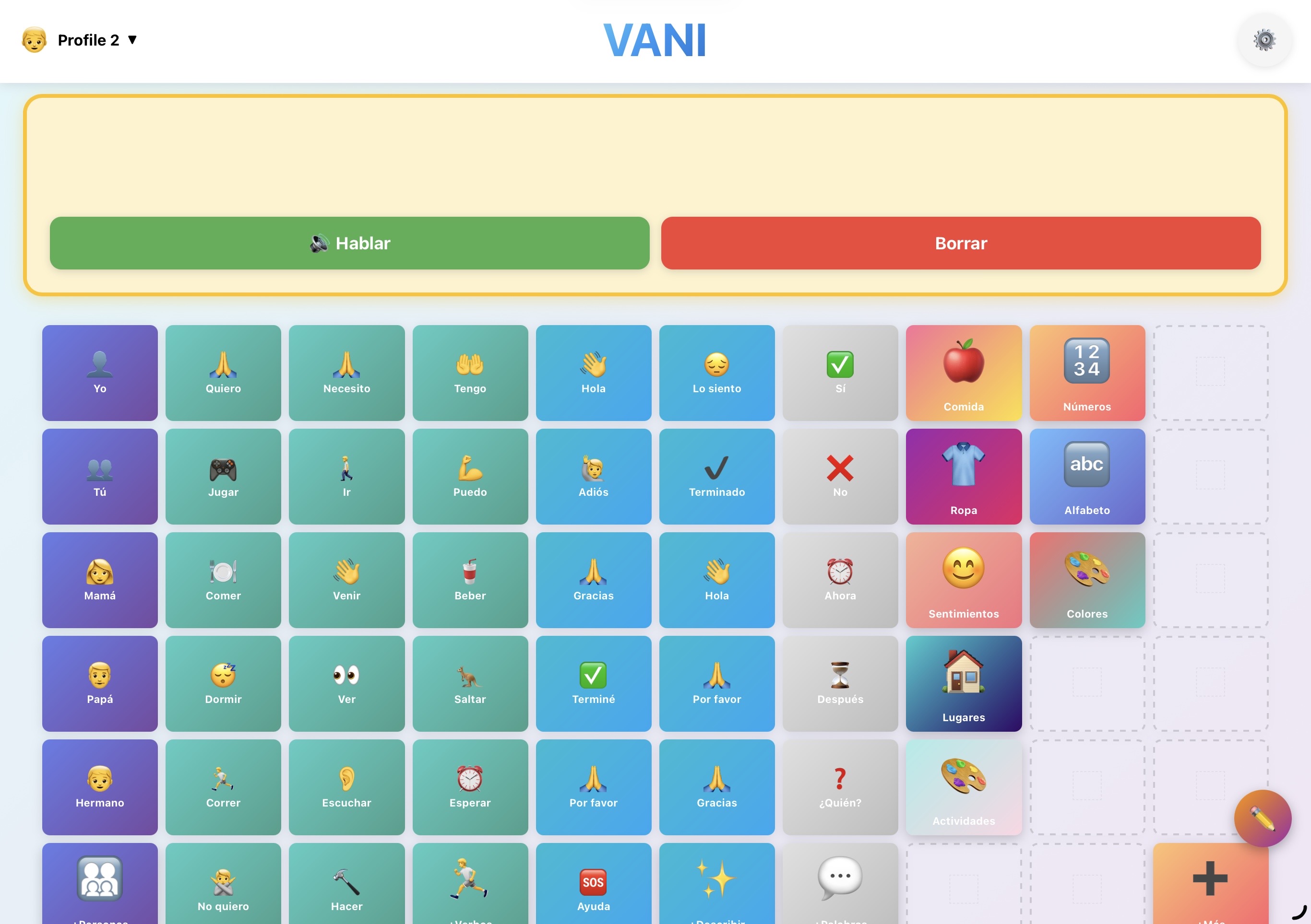 VANI AAC app screenshot showing communication board with 137+ cards for autism