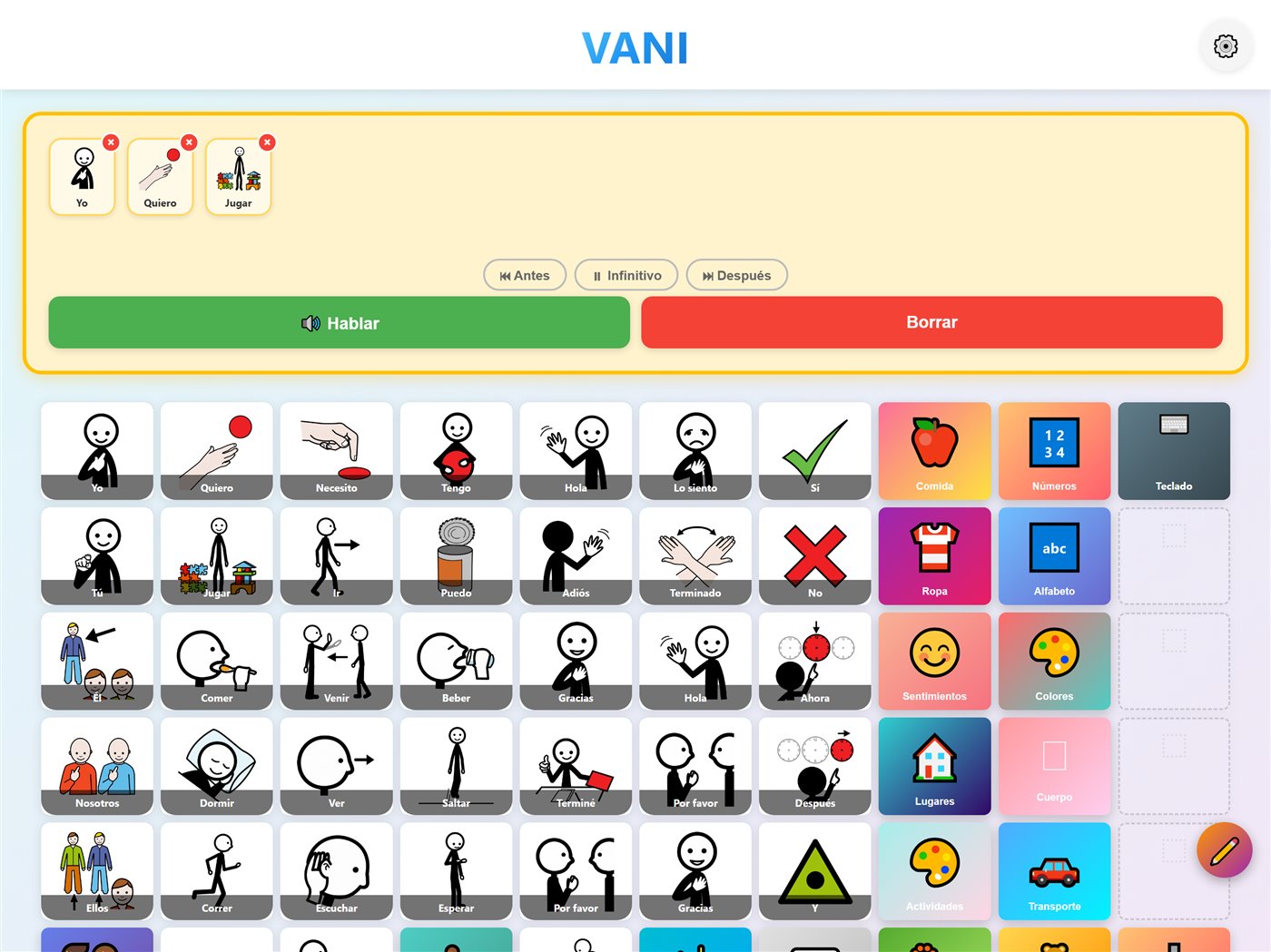 VANI AAC app screenshot: ARASAAC pictogram communication board with sentence bar and Before, Infinitive, Later verb tense buttons
